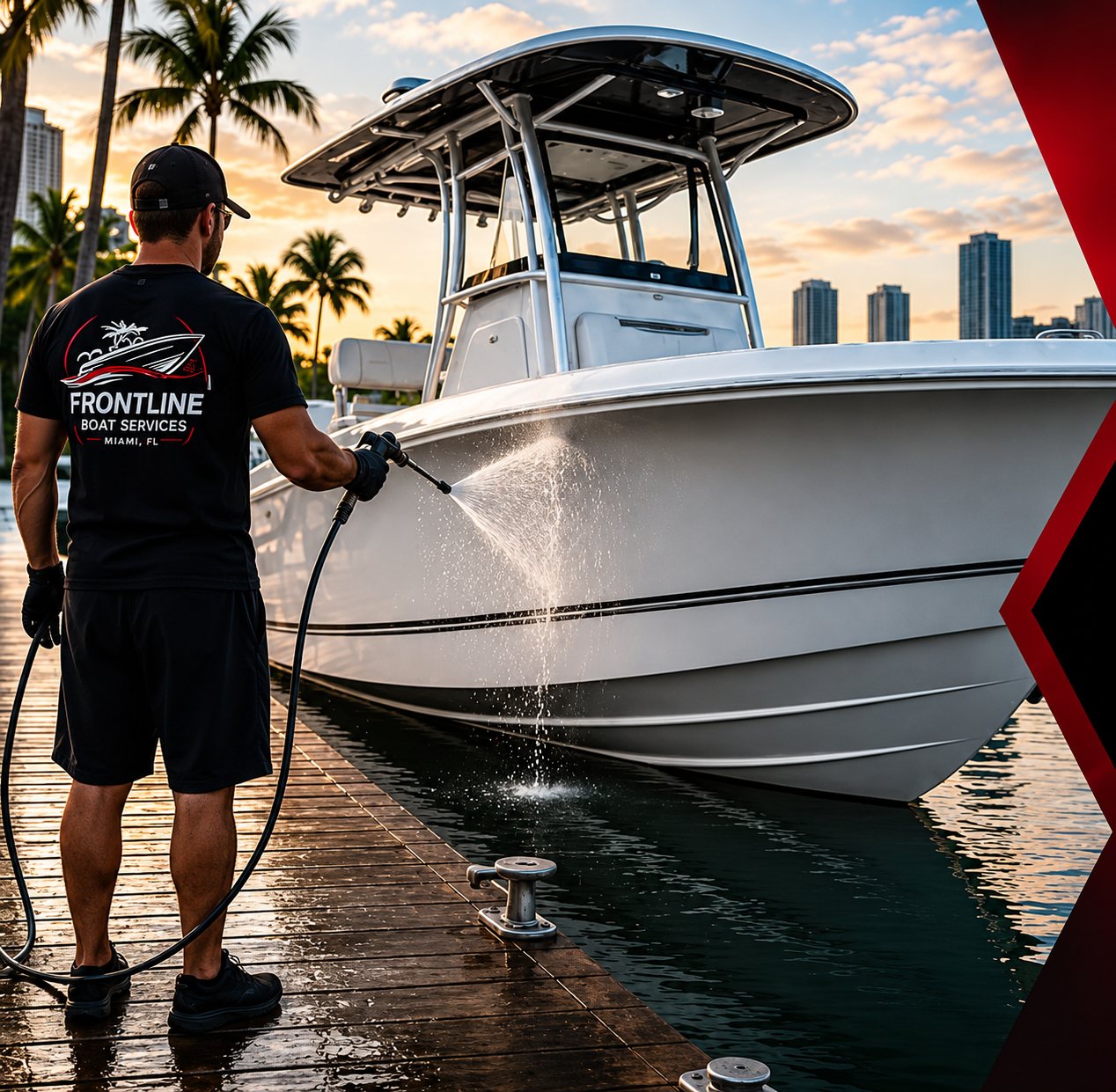 Frontline Boat Services technician washing down a center console at a Miami dock at sunset