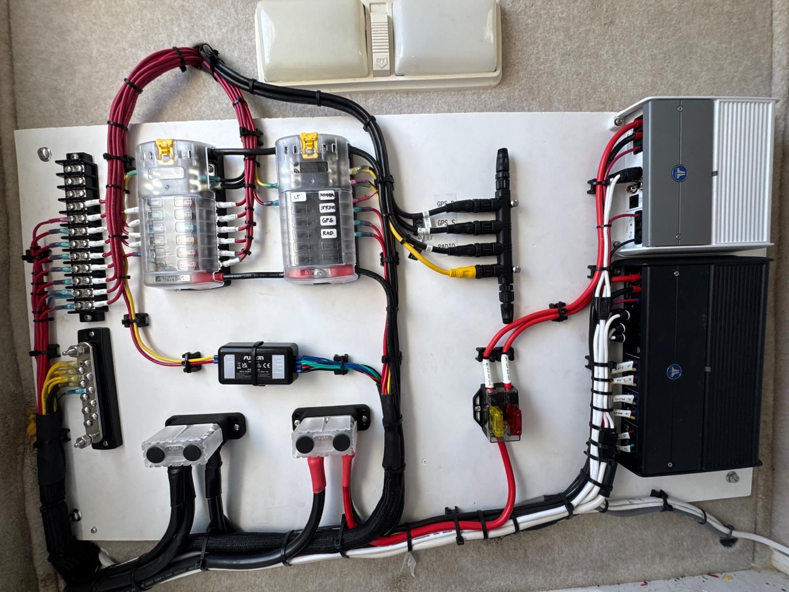 Custom rigging board with dual fuse blocks, bus bars, NMEA 2000 drops and labeled circuits